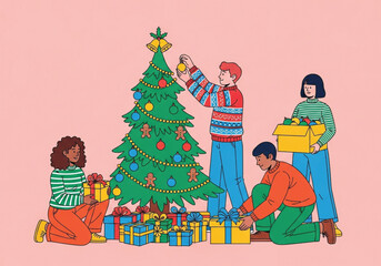 Four diverse people are joyfully decorating a Christmas tree and arranging gifts.