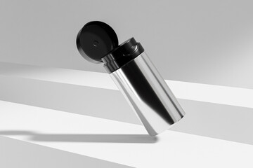 cream pump bottle with black flip cap mockup, cylindrical skincare packaging with pump dispenser, round silver metallic cosmetic bottle, luxury chromatic electroplating plastic cream vacuum bottle