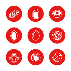 Flat Vector Set of Food Allergy Icons Including Peanut, Milk, Egg, Wheat, and Shellfish in Red Circle with Line, Transparent Background PNG