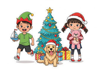 A cheerful illustration of two children, a boy and a girl, dressed in festive attire, celebrating Christmas.