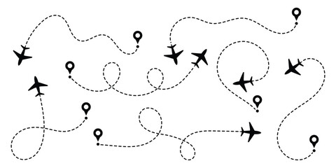 Airplane line path route travel vector concept. Plane routes dotted paths aircraft travel route start and end point, flight destination black airplane. Vector illustration isolated on white background