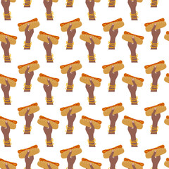Hot Dog in Woman dark skin Hand with gold bracelets Seamless Pattern Fast food or Delivery Backdrop