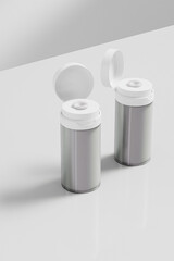 Airless cosmetic bottle with flip top cap mockup, translucent airless pump skincare packaging, cylindrical plastic cream jar container, transparent airless facial lotion bottle with pump dispenser