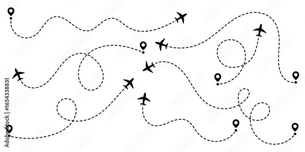 Poster flight path line designs illustrating airplane tracking routes with dynamic dotted lines for travel 