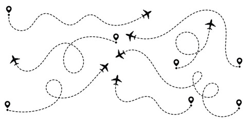 Flight path line designs illustrating airplane tracking routes with dynamic dotted lines for travel maps . Vector illustration of air plane flight route © Oliver Vandenberg