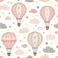 Whimsical seamless pattern with pink hot air balloons and clouds