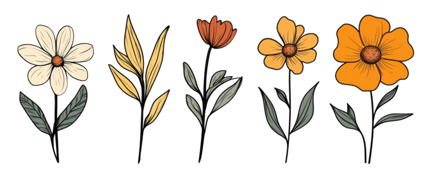 Artistic Floral Arrangement with Stylized Flowers and Green Leaves against Transparent Background - Powered by Adobe