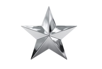 Shiny silver metallic star shape isolated on transparent background for award, decoration, or graphic design element in modern style