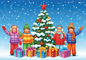 A vibrant illustration depicts four children dressed warmly in winter attire, standing around a snow-covered Christmas tree laden with ornaments.