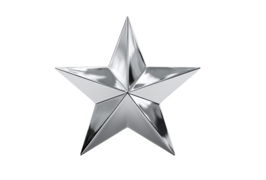 Shiny silver metallic star shape isolated on transparent background for award, decoration, or graphic design element in modern style