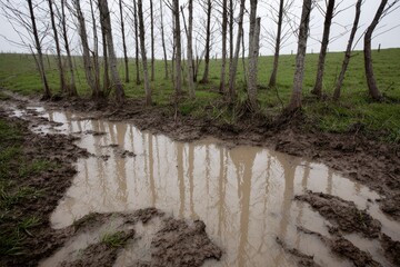 Muddy puddle reflects bare trees in a rural landscape