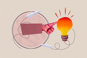 Pop collage of hand gesture fine sign near light bulb on pastel background