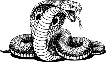Fototapeta premium a cobra with its hood extended, black and white, detailed ink drawing, sharp fangs, forked tongue, striking pose, stylized, vector art