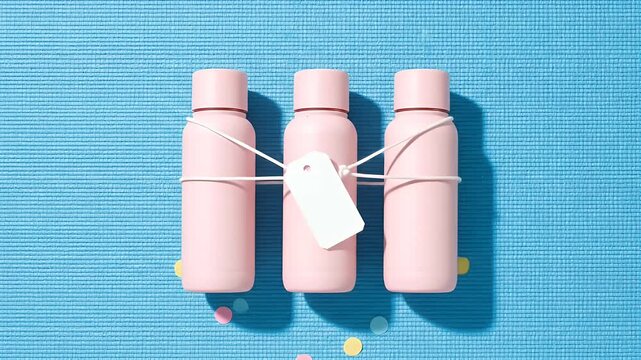 Travel bottles mirror-duplicate; alignment grid; hangtag ties trio