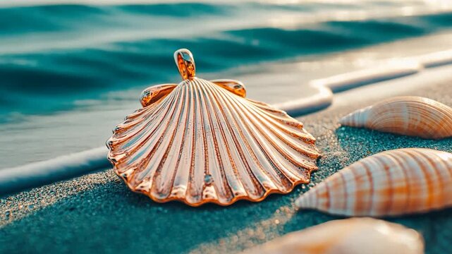 Golden seashell pendant on sandy beach