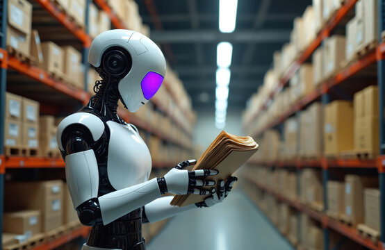 Futuristic smart robot with glowing purple eyes organizes files in warehouse archive. Advanced AI automation enhances efficiency in modern digital data management systems. Intelligent machine