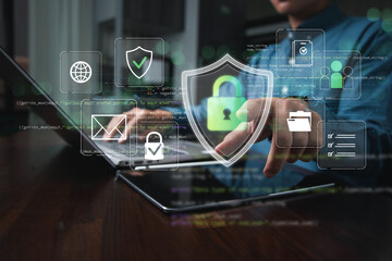 Cybersecurity concept with laptop and digital lock icon, data protection, secure access, online privacy, encryption, and information security technology. VPN connections and zero trust security.