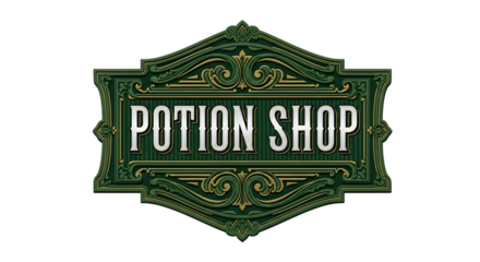 Elegant vintage potion shop sign with ornate green and gold detailing, perfect for fantasy or mystical branding