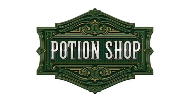 Elegant vintage potion shop sign with ornate green and gold detailing, perfect for fantasy or mystical branding
