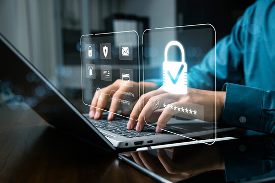 Cybersecurity concept with laptop and digital lock icon, data protection, secure access, online privacy, encryption, and information security technology. VPN connections and zero trust security.