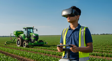 Young man wearing virtual reality headset farm field with tractor, exploring technology with