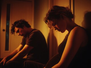 Exhausted couple in dim orange light, sitting apart with visible emotional tension, showing conflict and relationship struggle
