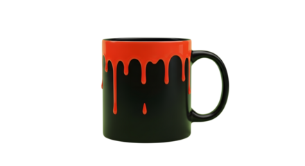 Striking black mug with vibrant red dripping paint effect, perfect for modern, edgy, or artistic branding and promotions.