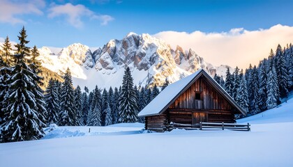 Snowy mountain chalet at sunrise