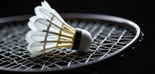 High-resolution close-up of badminton shuttlecock resting on modern racket. Professional sports equipment, featuring white feathers, black band, set against stark black background. Image highlights