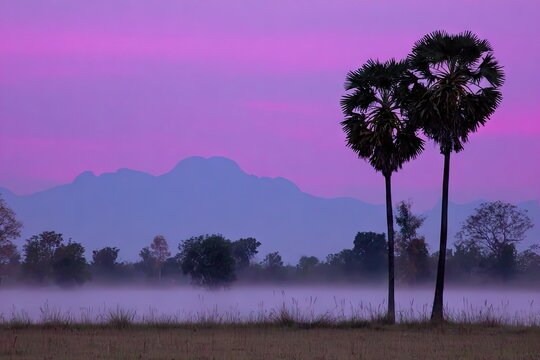 Misty dawn over a rural landscape with palm trees and mountains