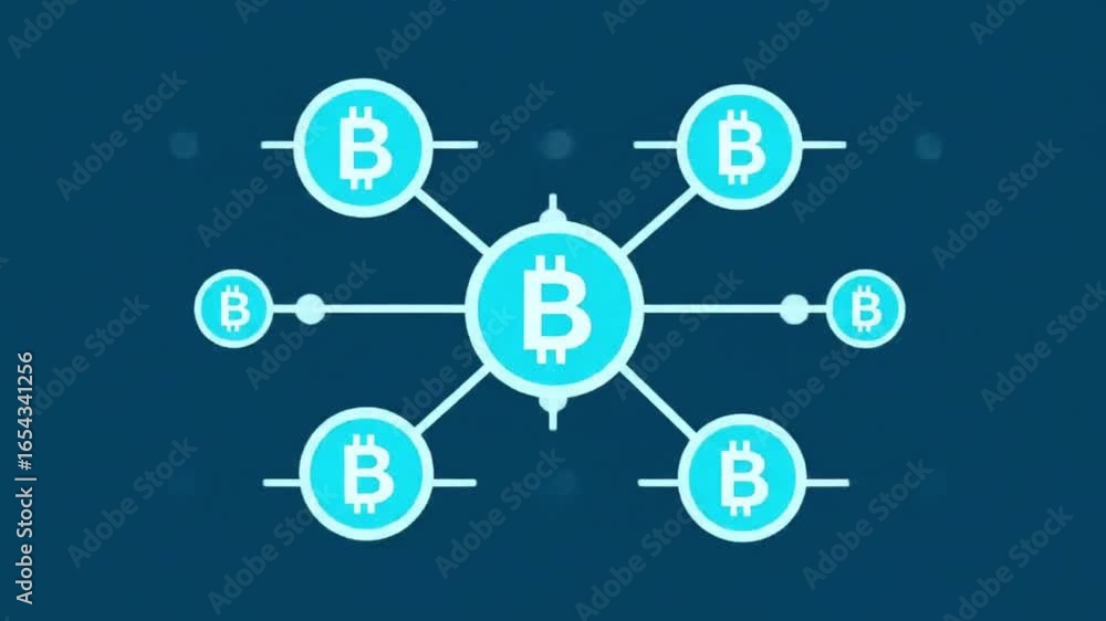 Poster digital network of interconnected bitcoin cryptocurrency symbols on a dark blue background, represen