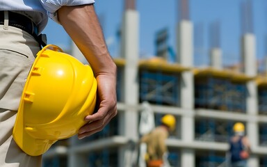 Skilled construction worker holding yellow hard hat at active building site with blurred workers