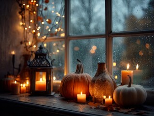 Obraz premium Cozy autumn window scene with pumpkins, candles and rainy atmosphere