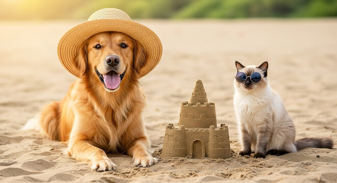 Golden retriever and cat enjoy beach day with sandcastle under summer sun