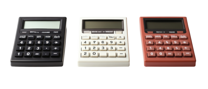 Three Electronic Calculators Isolated on Transparent Background Featuring Black White and Red Colors with Display Screens and Keypads
