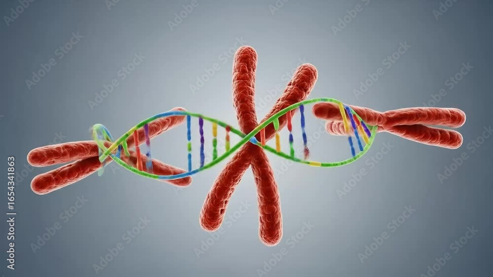 Poster 3d rendering of dna double helix intertwined with chromosomes, showcasing genetic structure and biol