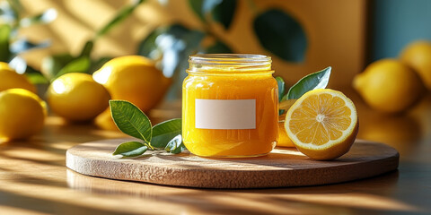 Homemade Lemon Jam in Glass Jar and lemons on a table