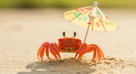 Bright red crab relaxing under a colorful umbrella on a sandy beach during daytime