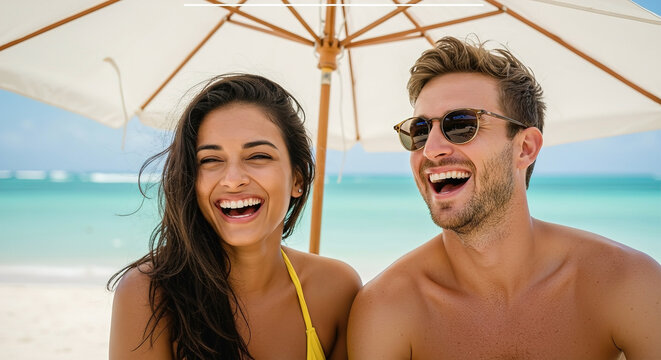 Couple enjoys sunny beach day under umbrella, smiling and relaxing by ocean waves