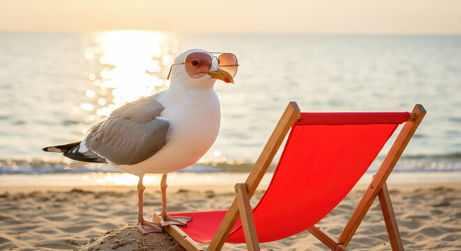 Seagull in sunglasses standing beside a beach chair at sunset near the ocean shore