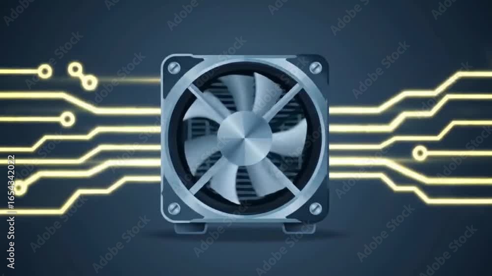 Poster a sleek metallic computer cooling fan is prominently displayed against a glowing circuit board backg