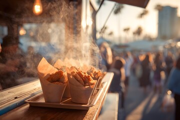 Freshly cooked fried food steaming in paper cones at a busy outdoor market during golden hour with crowds in background.
