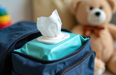 Baby wipes packet in open blue diaper bag, ready for travel, convenient clean up. Soft textured wipes in turquoise packaging. Nearby blurred teddy bear suggests childcare, parenting needs for