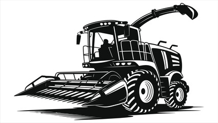 Naklejka premium Black and white vector illustration of a modern agricultural forage harvester with large tires and cutting header, symbolizing advanced farming machinery, crop harvesting, and agricultural technology.
