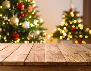 Wooden Table with Blurred Christmas Trees and Lights