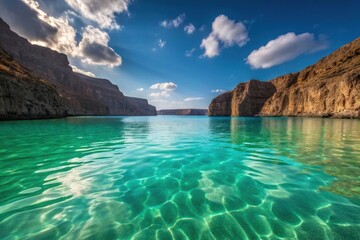 Obraz premium Turquoise sea water, rocky cliffs, sunny landscape, blue sky with clouds
