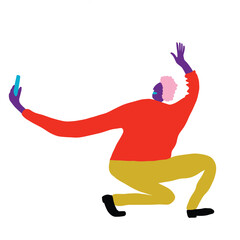Urban Selfie Pose Vector Illustration, Crouching Character in Bold Colors