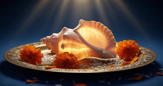 Illuminated Conch Shell Adorned with Orange Marigold Flowers on Decorative Gold Plate Against a Blue Background