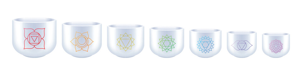 Crystal singing bowls set with hummer and chakras symbols. Sound therapy and sound healing concept vector illustration.