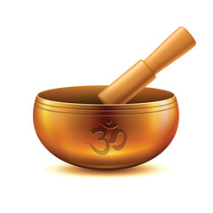 Tibetan singing bowl  with hummer and aum symbol. Sound therapy and sound healing concept.